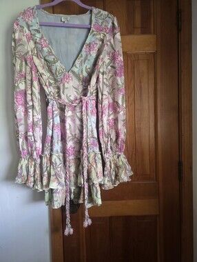 Floral V-Neck Long Sleeve Peplum Top with Tie Waist - Pink & Cream